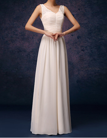 Modest Column V-Neck Floor Length Lace Chiffon Bridesmaid Dress
