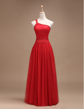 Custom Classic A-Line One Shoulder Sleeveless Red Floor Length Satin Evening Dress