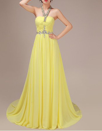 Affordable Classic A-Line Beading Halter Sweep Train Chiffon Evening Dress