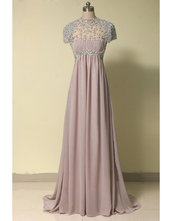 Beautiful Empire Waist Short Sleeves Long Chiffon Beading Evening Dress for Women