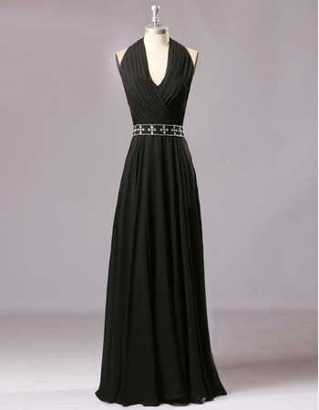 Designer Elegant Halter Floor Length Chiffon Black Formal Evening Dress