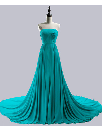 Custom Designer Elegant Strapless Sleeveless Chapel Train Chiffon Evening Dress