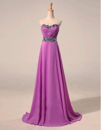 Designer Modern A-Line Sweetheart Sweep Train Chiffon Rhinestone Evening Dress