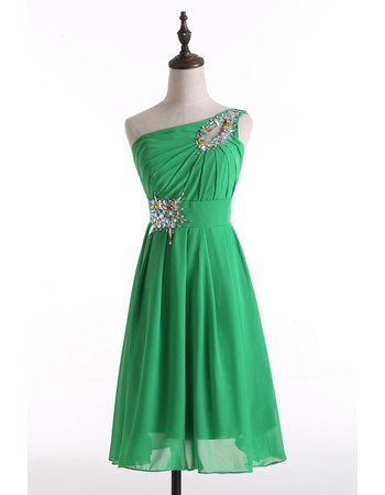 Cheap Classy A-Line One Shoulder Knee Length Green Chiffon Formal Homecoming Dress
