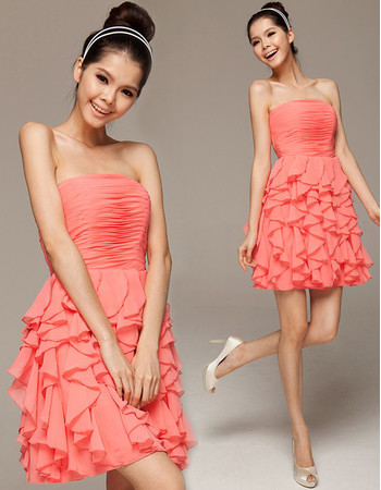 Girls Beautiful A-Line Strapless Mini/ Short Chiffon Ruffle Homecoming Dress