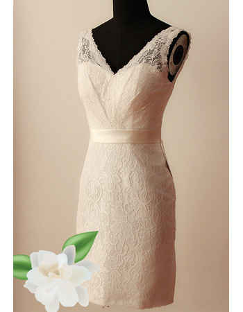 Simple Classy Sheath V-Neck Short Lace Reception Wedding Dress