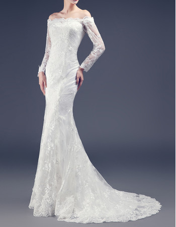 Classic Timeless Sheath Off-the-shoulder Long Lace Wedding Dress with Sleeves