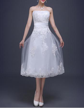 Designer Strapless Satin Tea-Length Reception Wedding Dress