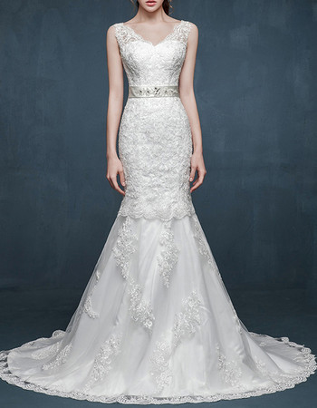 Gorgeous Mermaid V-Neck Sleeveless Sweep Train Satin Wedding Dress