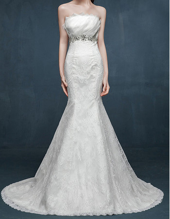 Modern Mermaid Strapless Sleeveless Sweep Train Lace Wedding Dress