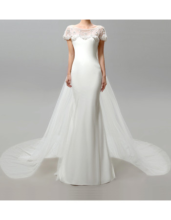 Inexpensive Elegant Sheath Cap Sleeves Floor Length Chiffon Wedding Dress