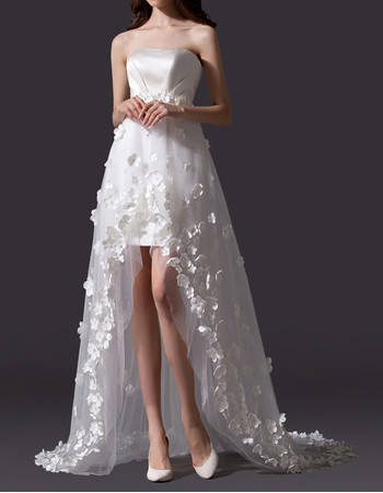 Simple Romantic Strapless High-Low Satin Tulle Applique Wedding Dress