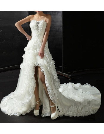 Inexpensive Luxury Strapless High-Low Chapel Train Satin Wedding Dress