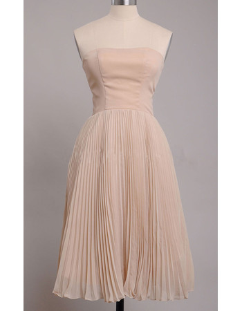 Modest Elegant Pleated Chiffon Satin Strapless Tea Length Bridesmaid Dress