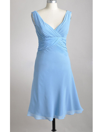 Simple Summer A-Line V-Neck Tea Length Blue Chiffon Bridesmaid Dress