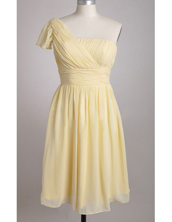 Affordable Custom One Shoulder Chiffon Knee Length Yellow Pleated Bridesmaid Dress