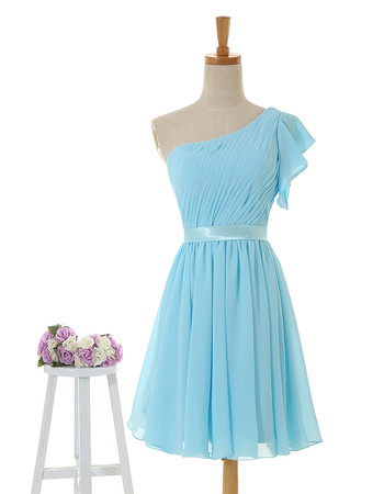 Custom Designer One Shoulder Chiffon Short Bridesmaid Dress with Belts