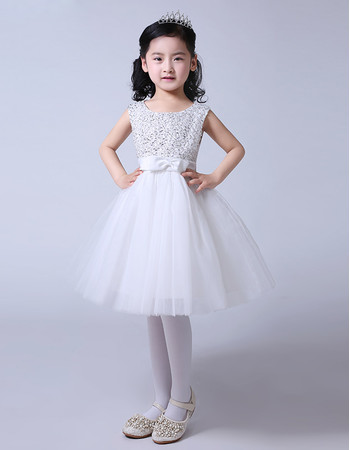 Discount Cute A-Line Knee Length Satin Organza Beaded Flower Girl Dress