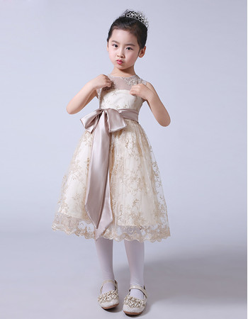 Beautiful Kids Princess Knee Length Lace Flower Girl Dress with Sashes