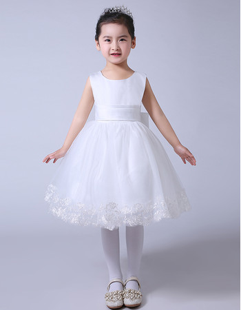 Kids Ball Gown Knee Length Organza Satin Bow Flower Girl Dress for Wedding