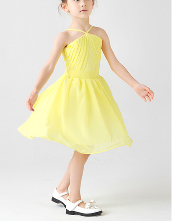 Kids Princess Spaghetti Straps Knee Length Chiffon Little Girls Easter Dress