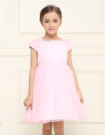 Designer Empire Short Pink Flower Girl Dress with Cap Sleeves