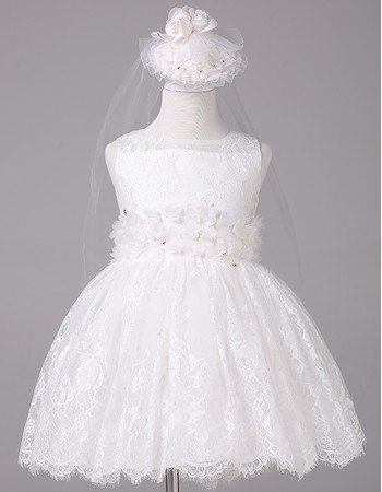 Inexpensive Pretty Ball Gown Short Lace Flower Girl Dress with Floral Belts