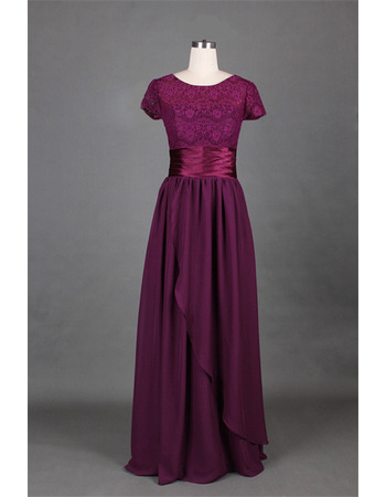 Modest Empire Waist Floor Length Lace Chiffon Mother Dress with Short Sleeves