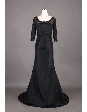 Trendy Trumpet Long Black Formal Mother Dress with 3/4 Lace Sleeves