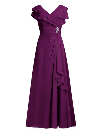 Modest V-Neck Long Purple Chiffon Plus Size Mother of the Bride/ Groom Dress