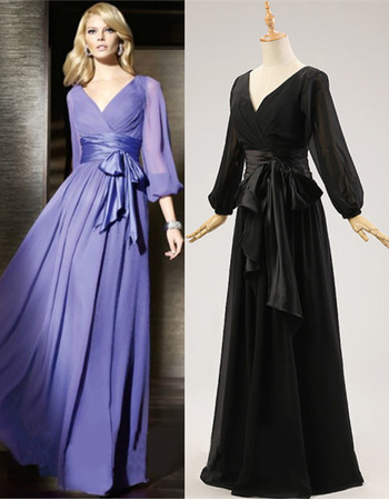 Designer Elegant V-Neck Long ChiffonFormal Mother Dress with Long Sleeves