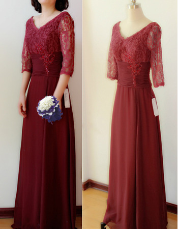 Designer Elegant V-Neck Floor Length Chiffon Formal Mother Dress with Lace Sleeves