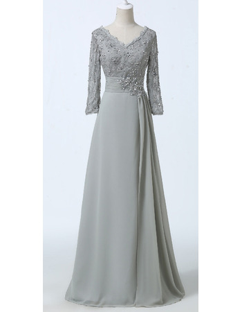 Designer Modest Long Chiffon Formal Mother Dress with Long Lace Sleeves