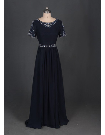 Discount Beautiful Long Black Chiffon Formal Mother Dress with Short Sleeves