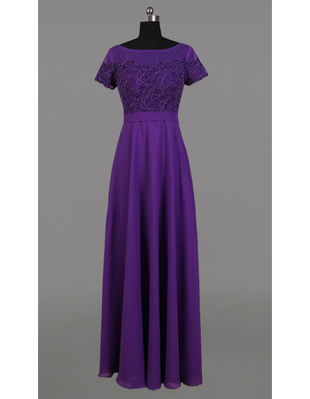 Modest Long Purple Chiffon Embroidery Formal Mother Dress with Short Sleeves