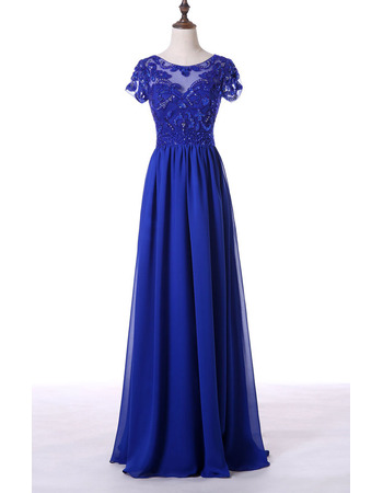 Custom Elegant A-Line Long Blue Chiffon Mother Dress with Short Sleeves and Sequins