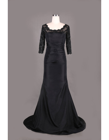 Custom Designer Long Taffeta Black Formal Mother Dress with 3/4 Long Lace Sleeves