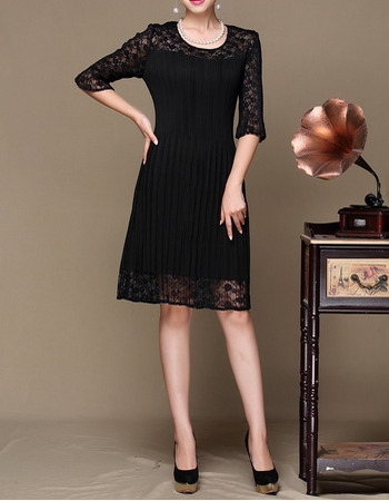 Beautiful Knee Length Lace Pleated Black Formal Mother Dress with Half Sleeves