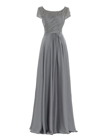 Elegant Modest Long Chiffon Mother of the Bride Dress with Short Sleeves