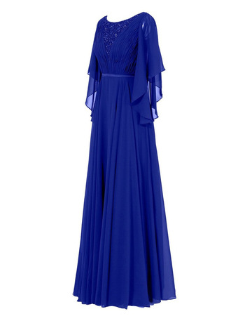 Custom Elegant Long Blue Chiffon Formal Mother Dress with Cap Sleeves