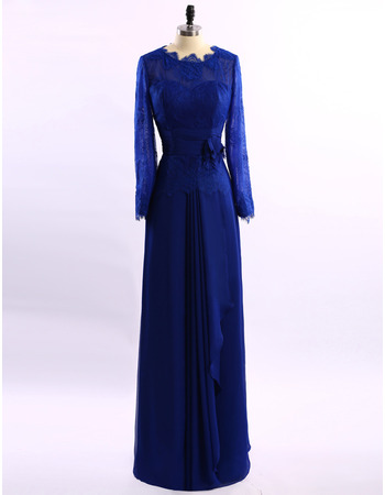 Modest Elegant Floor Length Chiffon Mother Dress with Long Lace Sleeves