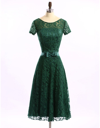 Custom Designer A-Line Tea Length Lace Mother Dress with Short Sleeves