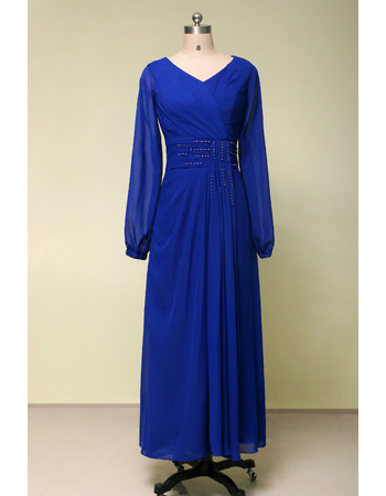 Vintage V-Neck Tea Length Blue Chiffon Formal Mother Dress with Long Sleeves
