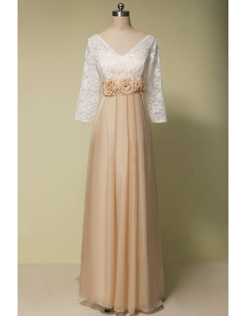 Custom Empire Waist V-Neck Long Chiffon Mother Dress with 3/4 Long Lace Sleeves