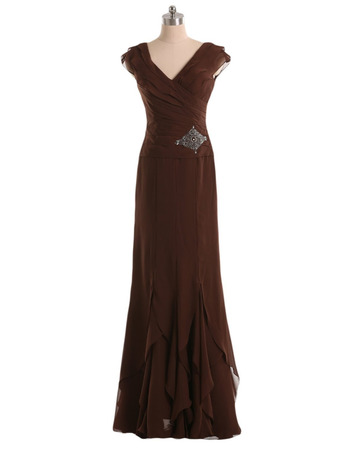 Vintage Sheath V-Neck Long Chiffon Formal Mother of the Bride Dress