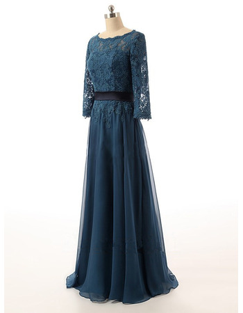 Top Elegant Long Chiffon Mother of the Bride Dress with 3/4 Long Lace Sleeves