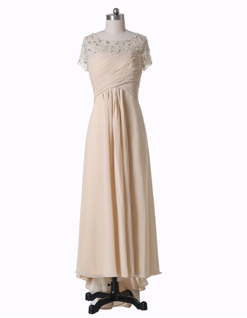 Inexpensive Custom High-Low Chiffon Beaded Mother of the Bride Dress with Short Sleeves