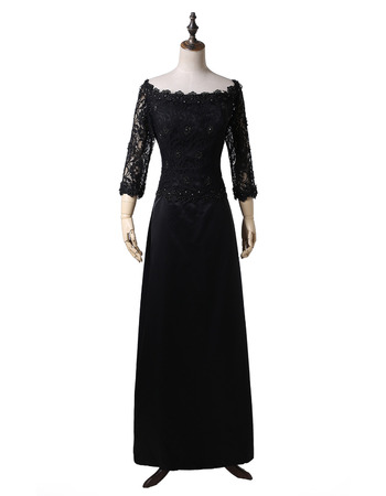 Elegant Off-the-shoulder Black Chiffon Formal Mother Wedding Dress with 3/4 Long Sleeves