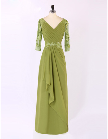 Discount Custom V-Neck Long Chiffon Mother Wedding Dress with 3/4 Long Sleeves