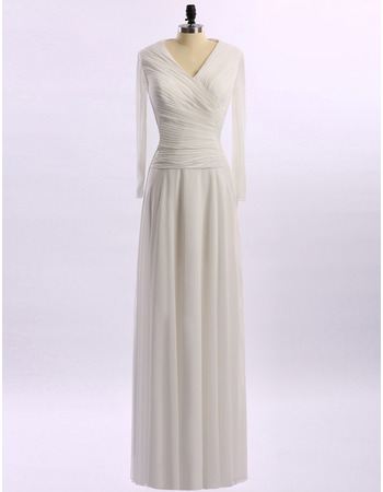 Custom Modest V-Neck Long White Chiffon Mother of the Bride Dress with Long Sleeves